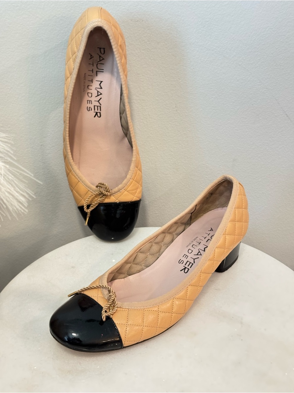 Paul Mayer Quilted Tan Flats with Black Patent Cap Toe Size 8.5